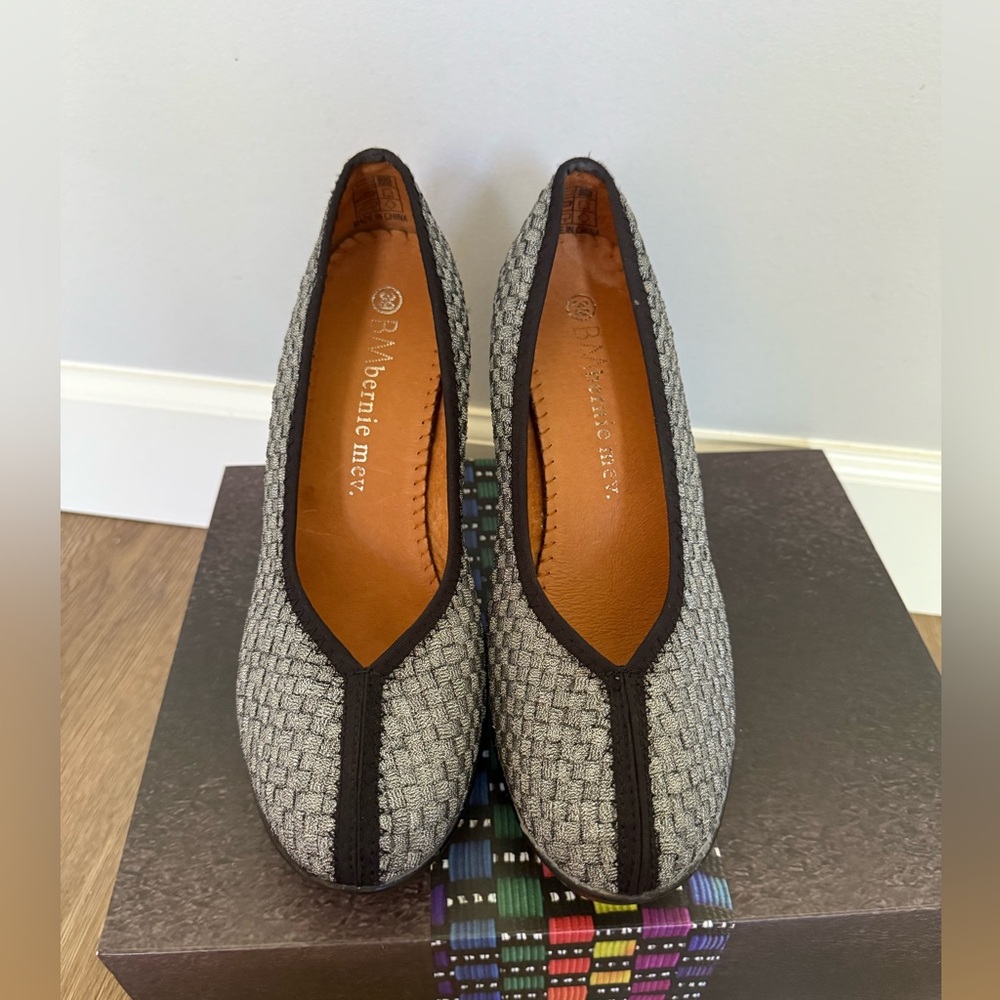 bernie mev. Sparkly Gray and Black Woven Heels